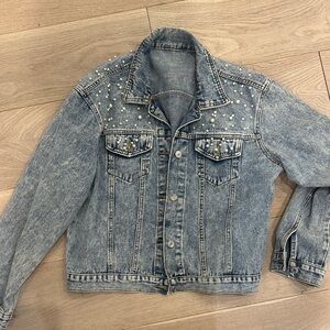 Women's Blue Jean Jacket with Pearl Accents